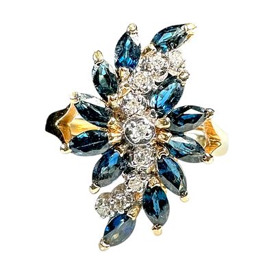 Ladies Vintage 14k Yellow Gold Ring with 9 .02 Carat Diamonds Surrounded by Marquise Blue Sapphires
