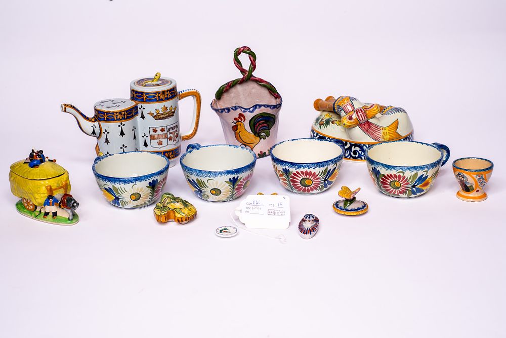 Collection of 14 Varying Henriot Quimper Dishes and Tableware including a teapot with orange 