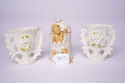 Porcelain Cookie Jar and a Pair of Ceramic Spill Vases . The Porcelain Cookie Jar is decorated 