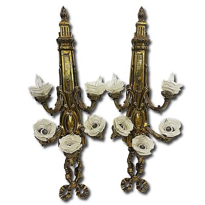 Pair of 20th Century Wall Sconces with Floral Globes. Pair of 20th Century Bronze Wall Sconces 