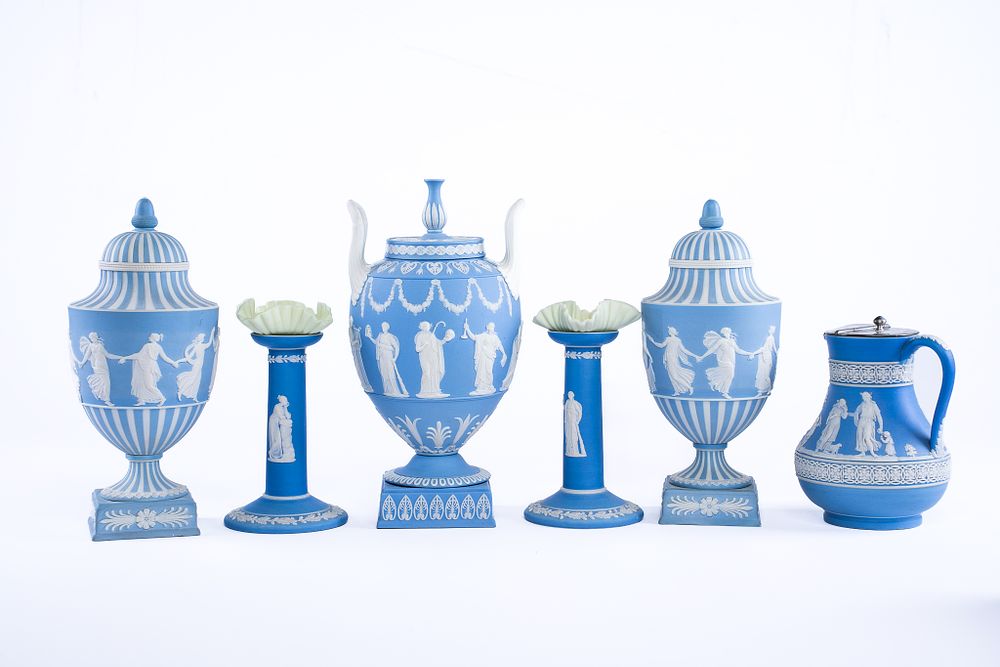 Set of 6 Varying Neoclassical Wedgwood Jasperware in Blue. 2 Lidded Jars, Two Candlesticks, 1 