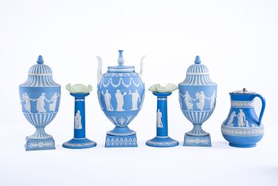 Set of 6 Varying Neoclassical Wedgwood Jasperware in Blue. 2 Lidded Jars, Two Candlesticks, 1 