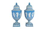 Set of 6 Varying Neoclassical Wedgwood Jasperware in Blue. 2 Lidded Jars, Two Candlesticks, 1 Image - 3