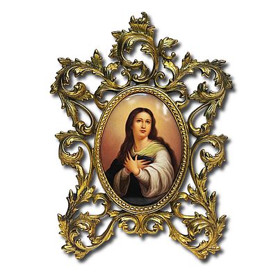Late 19th Century German Porcelain Plaque Painting with Gilt Frame. Unknown Artist 
Murillo's 