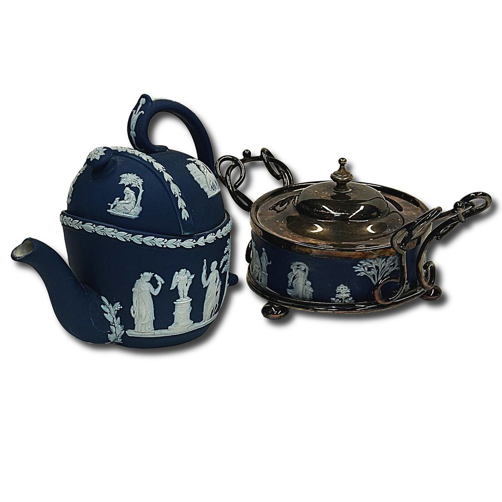 Pair of Neoclassical Wedgwood Jasperware in Blue. 1 Lidded Tea Spout and 1 Lidded Sugar Bowl. 