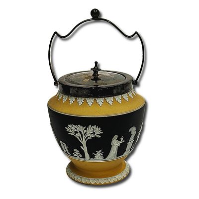 Neoclassical Wedgwood Jasperware Jug in Black and Yellow with Metal Lid . Neoclassical Wedgwood 