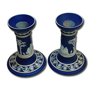 Set of 4 Neoclassical Wedgewood Jasperware Candlesticks in Two Sizes in Blue. The larger two 