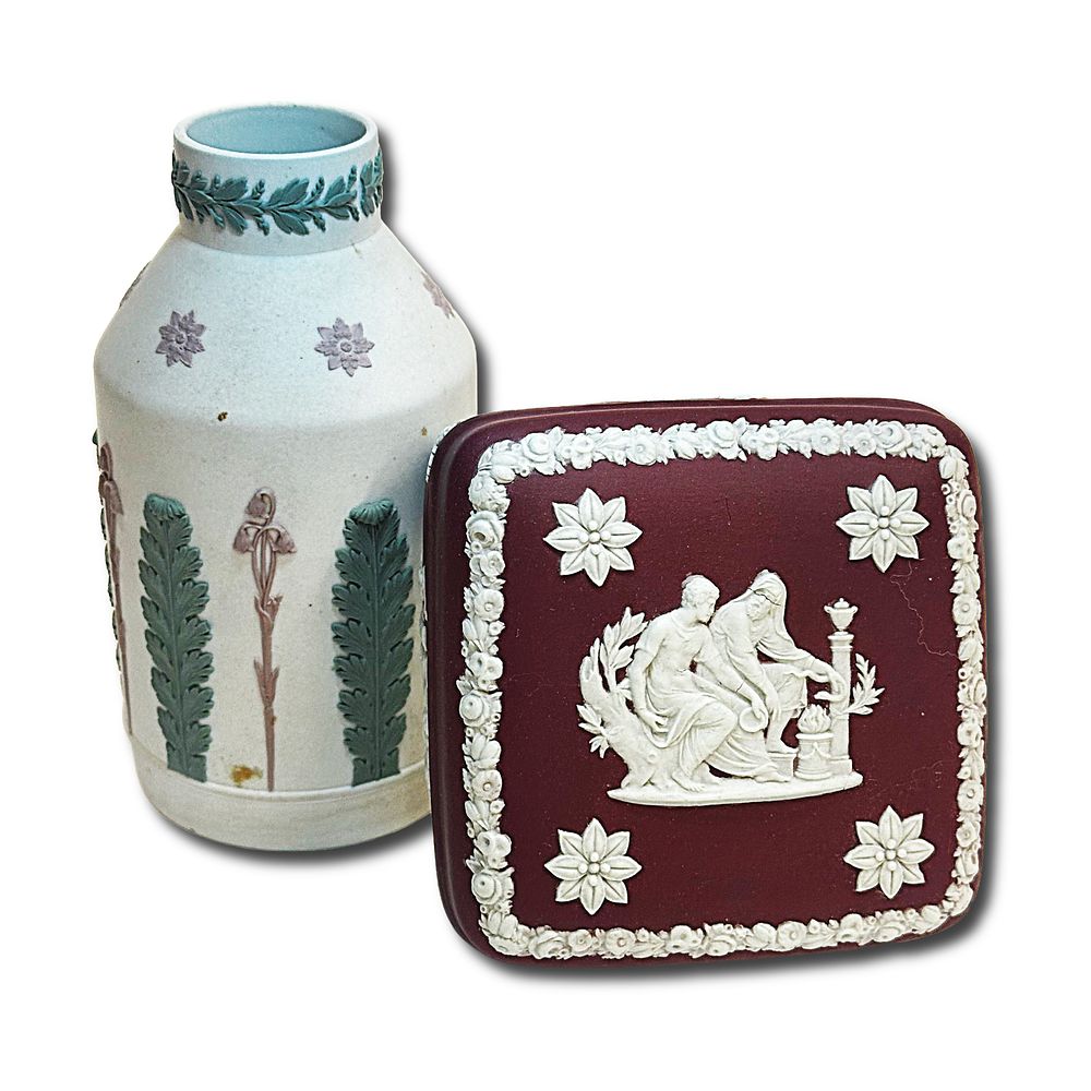 Pair of Neoclassical Wedgwood Jasperware Dishes in Red and White. The Trinket Box features 