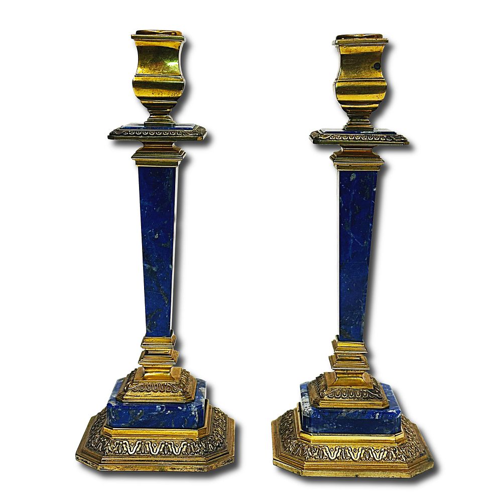 Pair of Early 20th Century Lapis Gold on Silver Candlesticks. The pair has very ornate designs 