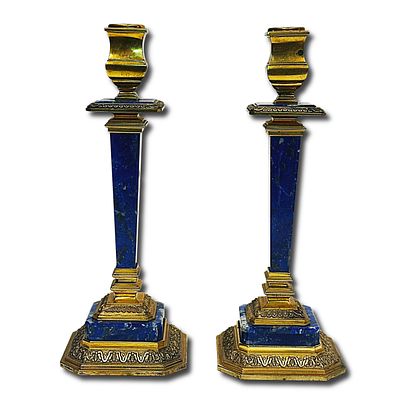 Pair of Early 20th Century Lapis Gold on Silver Candlesticks. The pair has very ornate designs 