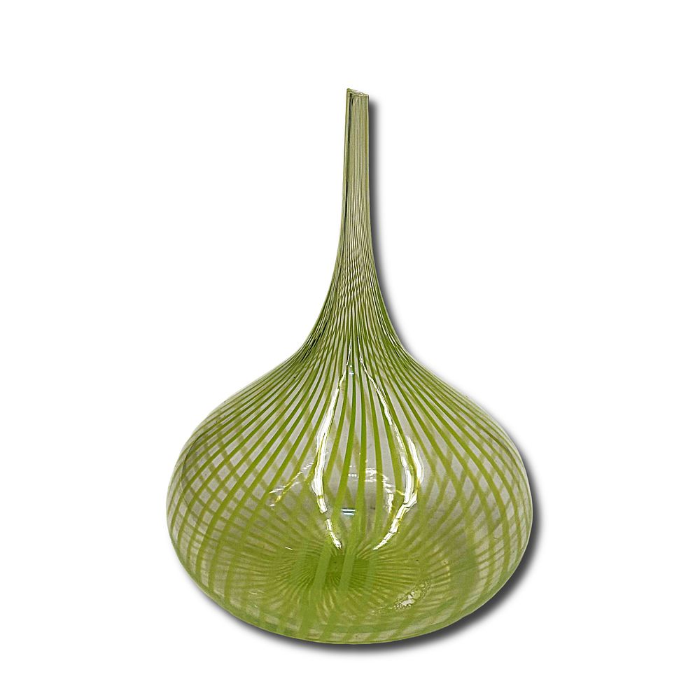 Modern Art Glass Vase with Light Green Twist Swirl Pattern. Clear Glass Vase with Light Green 