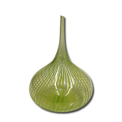 Modern Art Glass Vase with Light Green Twist Swirl Pattern. Clear Glass Vase with Light Green 