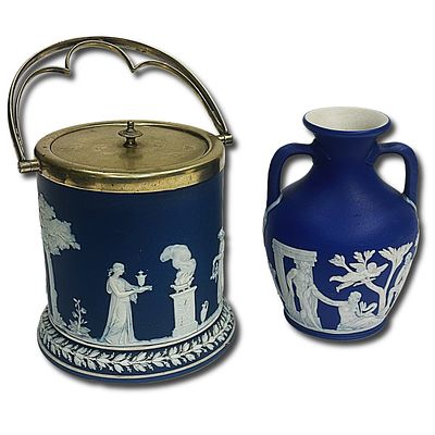 Pair of Neoclassical Wedgwood Jasperware in Blue. 1 Double-Handled Jug and 1 Lidded Jar. They 