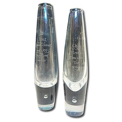 Pair of Steuben Glass Bud Vases with Air Bubble Base. One vase has the words, Chance cannot 