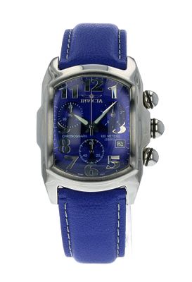 NIB INVICTA BLUE DIAL CHRONOGRAPH. Blue dial, blue leather band, silver case and buttons. Date 