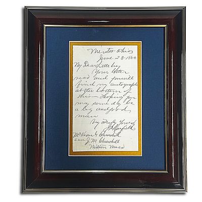 James Garfield Autographed Letter Dated June 23, 1880. The letter reads, My Dear Little Boy 