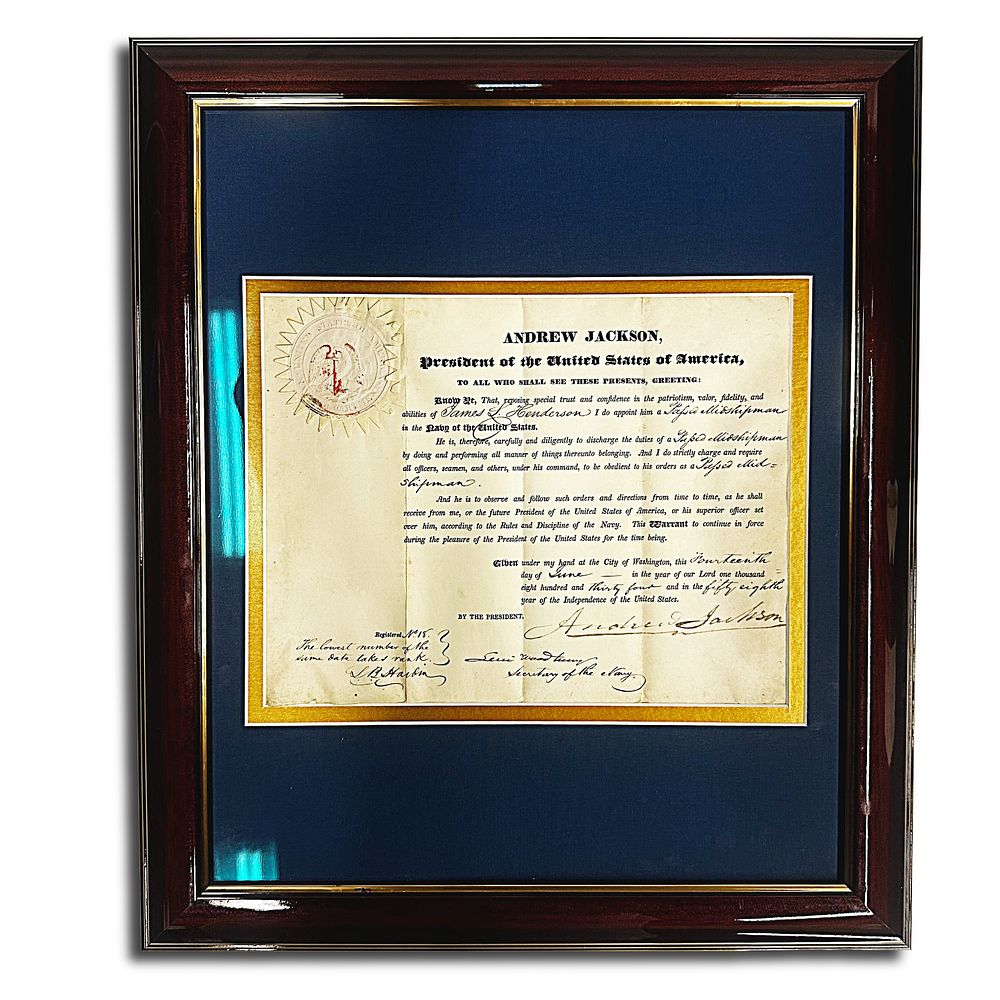 1834 President Andrew Jackson Signed Military Appointment of James L Henderson to Midshipman of 
