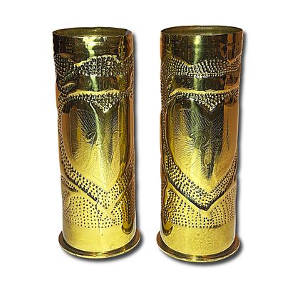 Pair of WWI Trench Art Vases made from 9 inch shells. The design features a punched heart with 