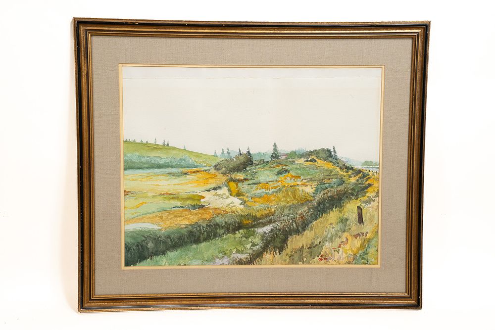 John Yue, American. 1947, Untitled, Watercolor Landscape with Barn and Creek, Watercolor on Paper. 