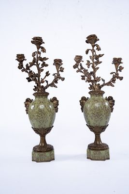 Pair of Louis XVI Three Arm Bronze Candelabra. Green base and body with floral designs etched 