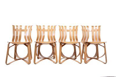 Set of 4 Frank Gehry Knoll Hat Trick Chairs. Made circa 1990. Constructed out of wood. Chair 