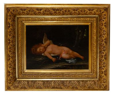 Antique Oil on Board Painting of Cupid Sleeping. Antique painting featuring cupid sleeping 
Oil 