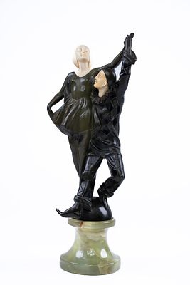 Peter Tereszczuk, Austrian, 1875 - 1963, Bronze Pierrot Couple Sculpture. Peter Tereszczuk 
