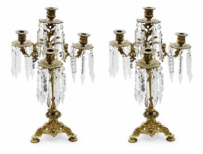 Pair of Continental Bronze and Crystal Candelabras . This is a pair of bronze candelabras 