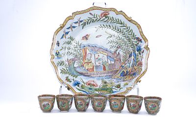 Lot of 7 Chinese Rose Medallion Porcelain Cups and Porquier Beau Quimper Decorative Chinoiserie 