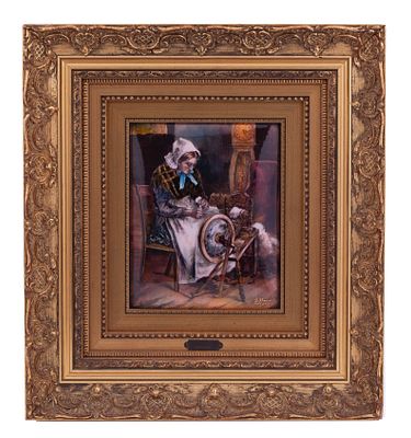 Sillonet Limoges, La Fileuse Enamel Plaque . Enamel plaque portraying an old lady spinning wool 