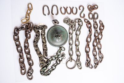 Tiffany Studios Bronze Chandelier Chains & More. 7 bronze link chains and one cap with misc 
