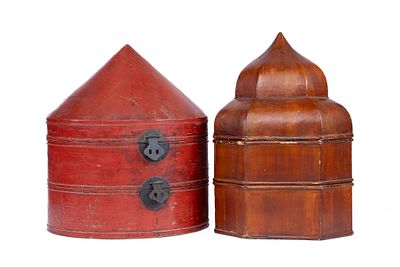 Pair of Chinese Double Hat Boxes. One Box is a 19th-century Chinese Red Lacquer Double Hat Box. 