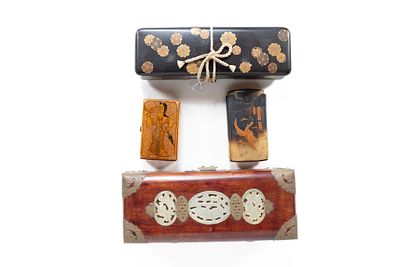 Collection of 3 Asian Trinket or Jewelry Boxes and 1 Treen or Wooden Snuff Box. Collection of 4 