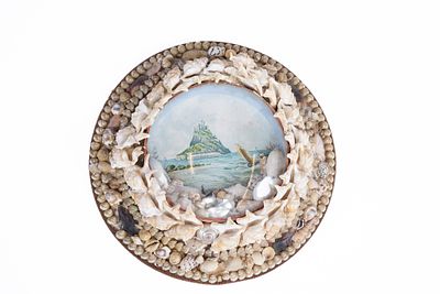 Antique Victorian Sailor's Valentine. The piece features a lithograph of a sailboat sailing 