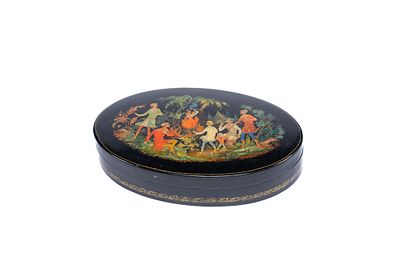 Russian Lacquer Box Featuring a Scene from a Yearly Lunar Festival . The box is crafted from 