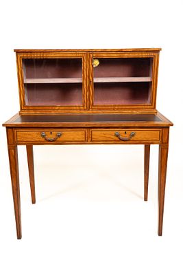 Antique Wood Leather Top Desk with Velvet-Lined Case. Brown wood with black detailing. Top of 