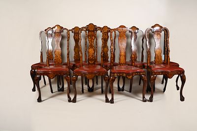 Set of 10 Antique Dutch Marquetry Walnut High Back Dining Chairs circa 18th century. 