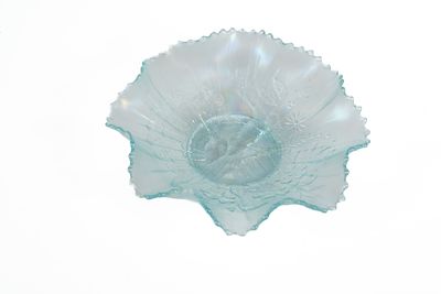 Northwood Ice Blue Carnival Glass Peacock on Fence Bowl. Iridescent glass bowl by Northwood 