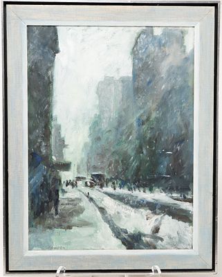 Chester Dixon Snowden, American, 1900 - 1984, Untitled, Winter Street Scene, Oil on Board. Cheste 