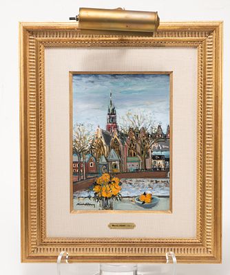 Michel Henry, French, 1928 - 2016, Untitled, View of Town with Flower Vase, Oil on Canvas. Michel 