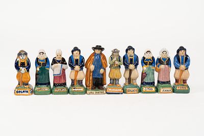 Lot of 10 Assorted French Faience Figures. 1 man with cane figure labeled Tinik and signed 