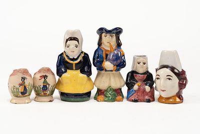 Lot of 6 Assorted French Faience Quimper Pitchers. 1 man pitcher signed Quimper France 46 on 