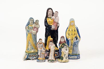 Lot of 6 French Faience Virgin Mary and St Anne Figures. 3 Virgin Mary holding baby Jesus 