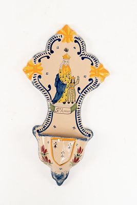 French Faience Henriot Quimper St Anne Holy Water Font. Depicts St. Anne along with blue 