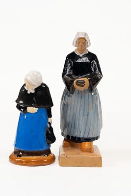 Pair of French Faience Woman Figures. 1 woman with bag figure signed A. Houllion No 1 on 