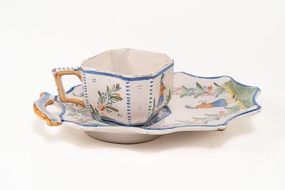 French Faience Henriot Quimper Breakfast Cup and Plate. Petit dejeuner cup and under plate with 