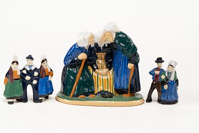 Lot of 3 French Faience Henriot Quimper Multiple People Figures. 1 3 old women talking figure 