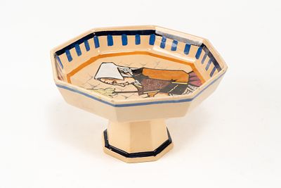 French Faience Henriot Quimper Fouillen Bowl on Pedestal. Octagonal bowl depicting a woman 