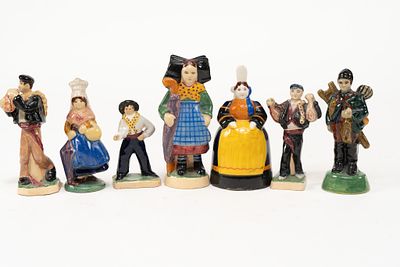 Lot of 7 Assorted French Faience Figures. 1 woman with umbrella figure signed France Quimper 