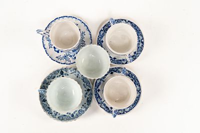French Faience Assorted Lot of 5 Cups and 4 Small Plates. All are painted in white and blue. 2 